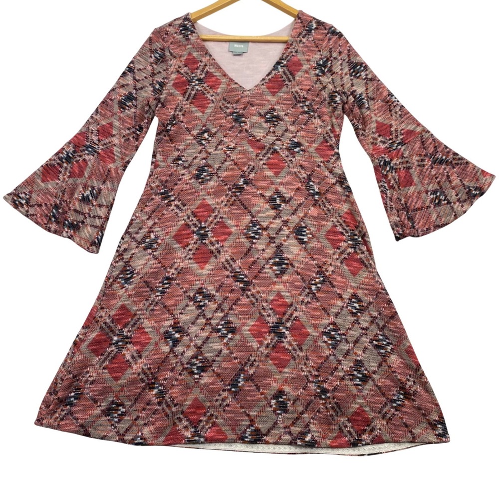 Anthropology Maeve Dress Womens Medium Pink Argyle Knit Bell Sleeve A -Line